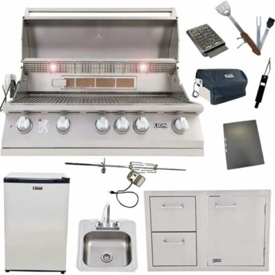 Lion Package Deal – L90000, Door and Drawer Combo, Sink with Faucet, Refrigerator, and 5 in 1 BBQ Tool Set