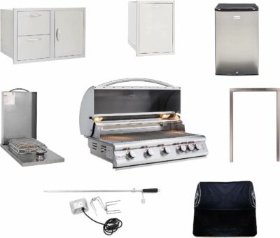 BLAZE BBQ Outdoor Gas Grill Package of 40” LTE Built-in Gas Grill, Dop-In Single Side Burner, 32” Door & Two Drawers Combo, Roll Out Double Trash Drawer, 20” Compact Refrigerator, and Accessories