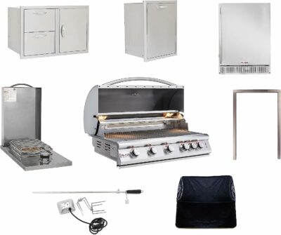 BLAZE BBQ Outdoor Package of 40” LTE Built-in Gas Grill, Gas Dop-In Single Side Burner, 32” Door & Two Drawers Combo, 18” Roll Out Propane Tank/Trash Storage Drawer, 24” Refrigerator and Accessories
