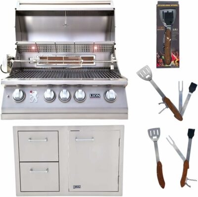 Lion Premium Grills 32-Inch Natural Gas Grill L75000 and Door and Drawer Combo with Towel Rack with 5 in 1 BBQ Tool Set Package Deal (	B07VWYDJ6Y)