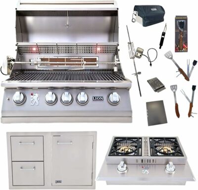 Lion Premium Grills 32-Inch Natural Gas Grill L75000 and Double Side Burner with Lion Door and Drawer Combination Unit with 5 in 1 BBQ Tool Set Best of Backyard Gourmet Package Deal (B07Y5RY59R)