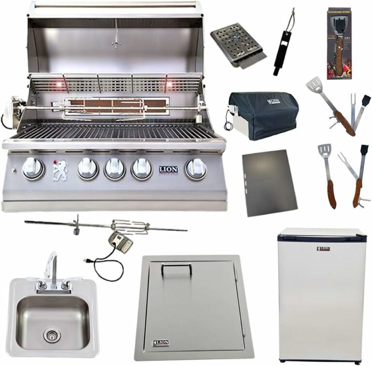 Lion 32-Inch Natural Gas Grill L75000 with Refrigerator and Vertical Door with Towel Rack and Drop-In Sink and 5 in 1 BBQ Tool Set Best of Backyard Package Deal