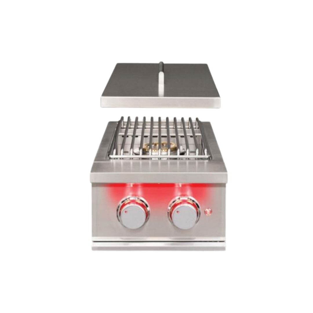 TrueFlame Built-In Double Side Burner with Brass Plated Burners and LED Knob Illumination for Outdoor Cooking Stations