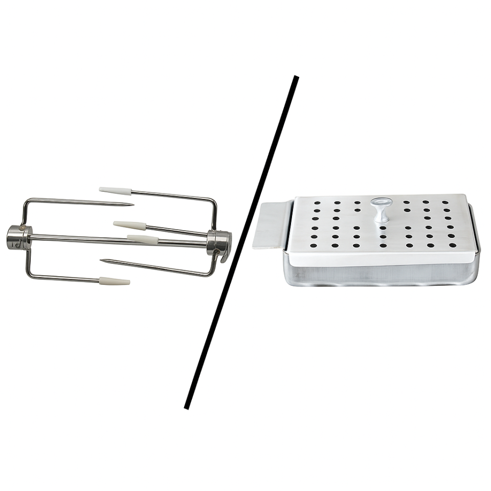 Side-by-side comparison of Lion Premium Grill rotisserie kit and stainless steel smoker box on a white background