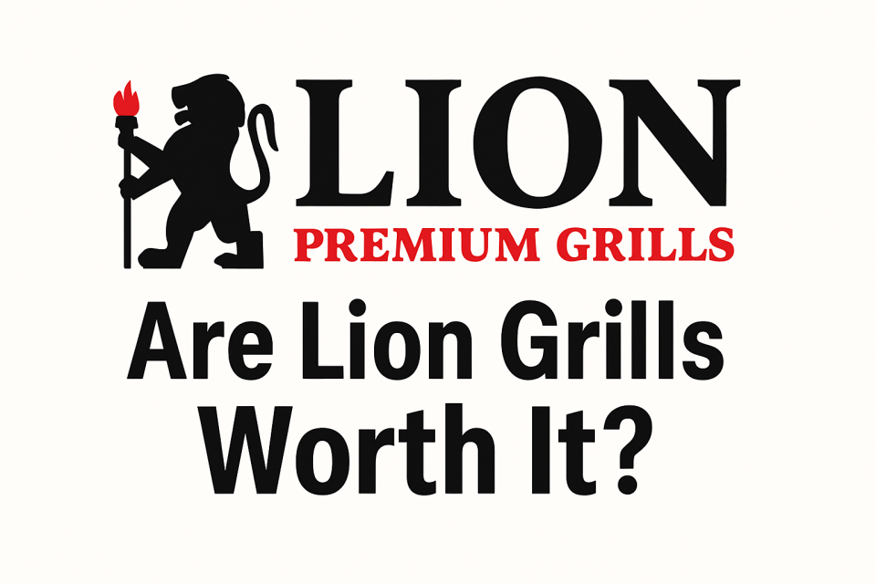 Lion Premium Grills logo with bold “Are Lion Grills Worth It?” caption for high-end BBQ investment blog