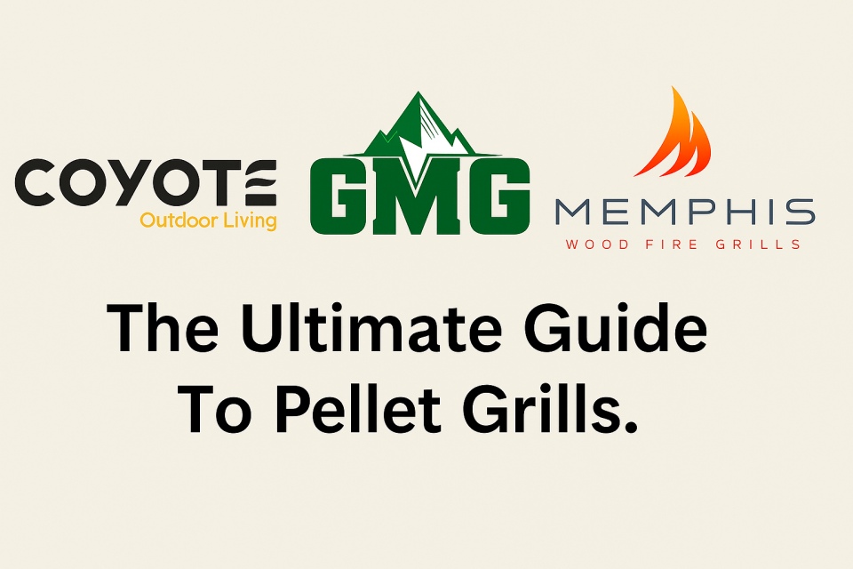 Coyote, GMG, and Memphis pellet grill logos with the title The Ultimate Guide To Pellet Grills