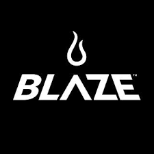 Blaze Grills Review logo in white with flame icon on black background, representing professional outdoor grill branding