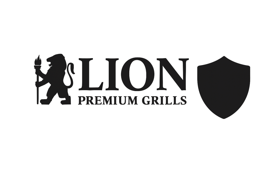 Lion Premium Grills logo next to a black shield icon representing lifetime warranty protection and durable grill construction