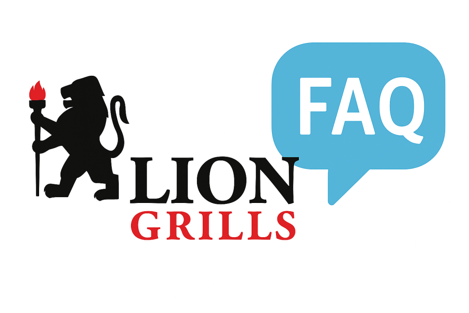 Lion Premium Grills FAQ logo graphic featuring a blue speech bubble and the official Lion Grills branding