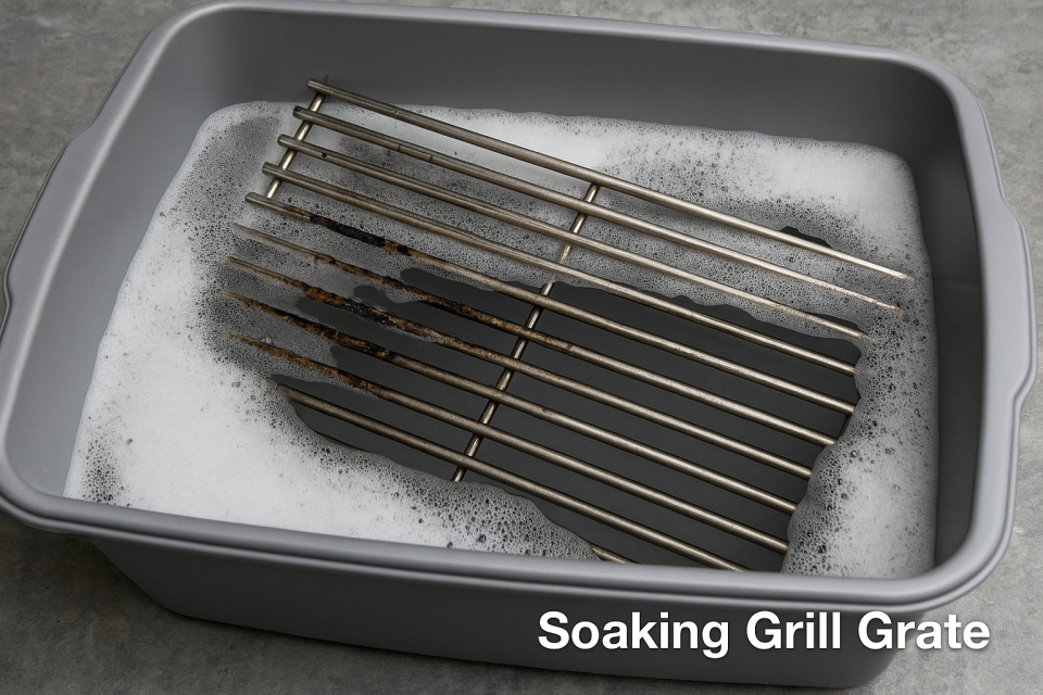 Stainless steel grill grate soaking in a gray tub filled with soapy water