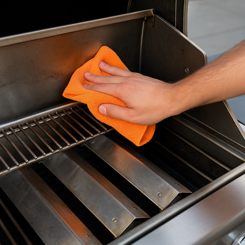 Removing and cleaning flame tamers inside stainless steel grill