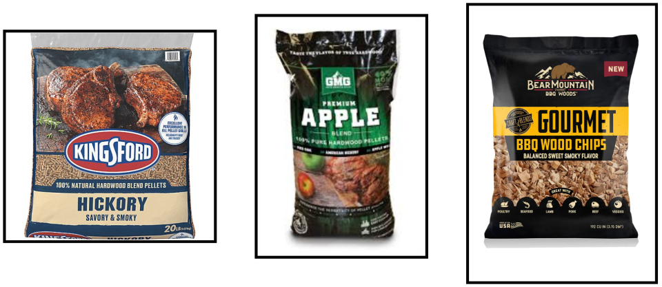 Three resized product pellet bags: Bear Mountain, Kingsford, and GMG hardwood pellets