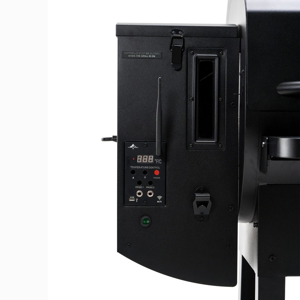 Digital control panel and hopper of the Green Mountain Grills Peak Prime 2.0 WiFi Pellet Grill, featuring WiFi connectivity, dual meat probe inputs, and temperature control display