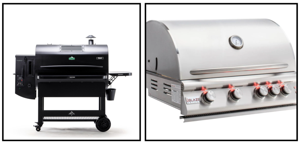 Side-by-side comparison image of a Green Mountain Grills Peak Prime 2.0 WiFi pellet grill (left) and a Blaze Premium LTE 32-inch 4-burner gas grill (right), illustrating design and fuel differences between pellet and gas grills