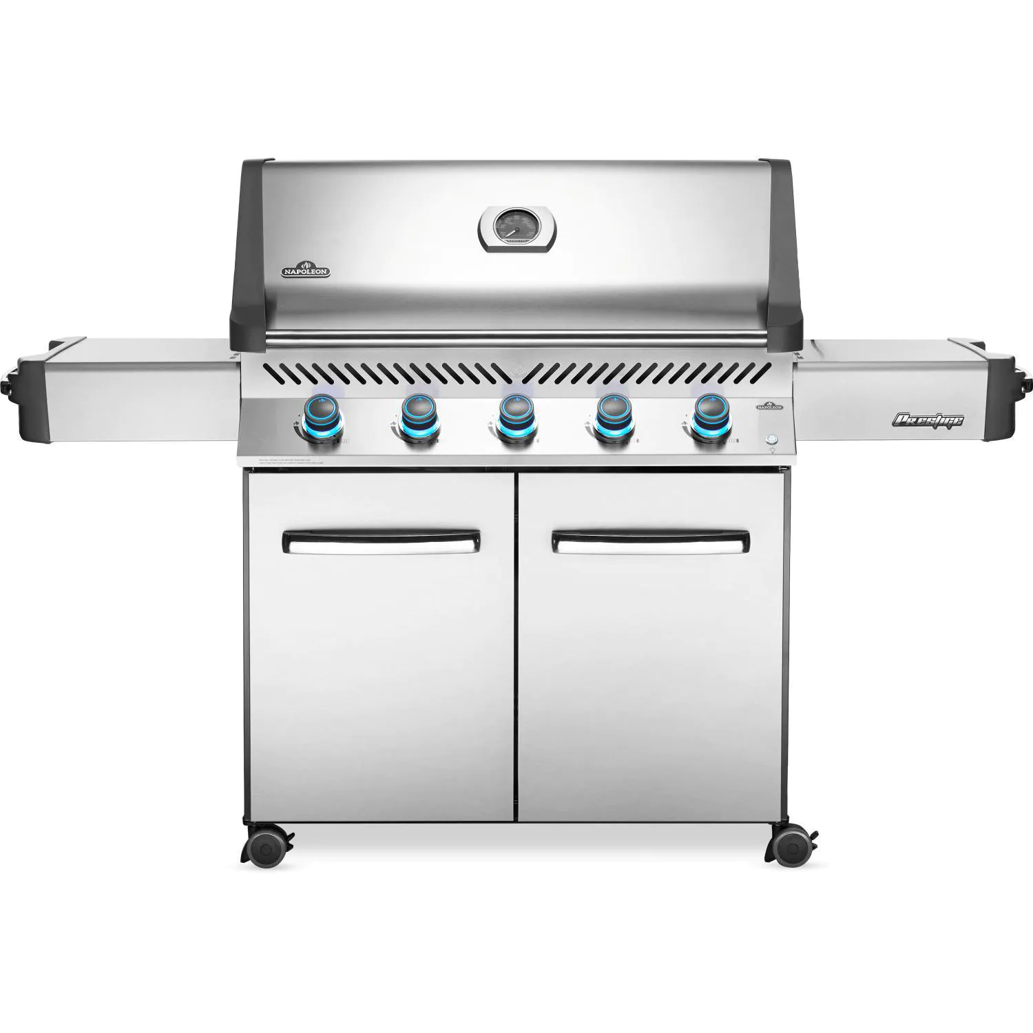 Napoleon Prestige 665 freestanding grill with stainless steel hood and folding side shelves