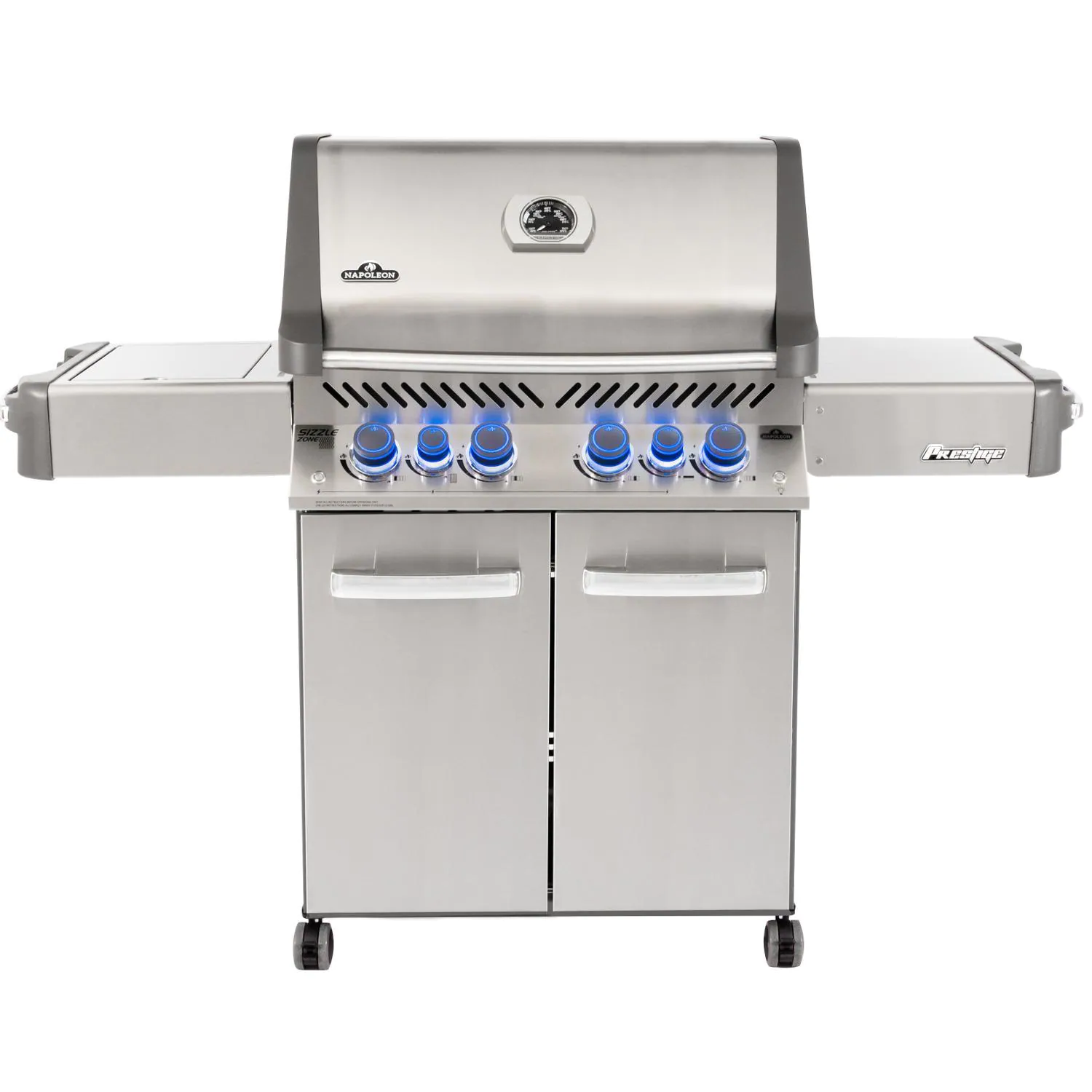 Napoleon Prestige 500 RSIB freestanding gas grill with infrared side burner and glowing NIGHT LIGHT™ knobs
