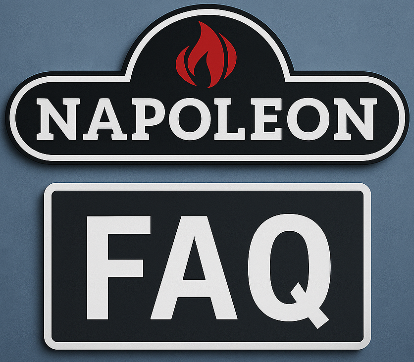 Napoleon Grills FAQ logo above a bold FAQ sign on a textured blue background