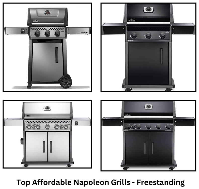 Side-by-side collage of affordable propane Napoleon Grills including Freestyle and Rogue freestanding models, featured in a 2025 outdoor cooking blog.