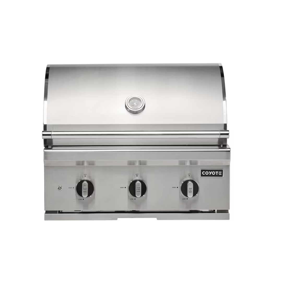 Coyote 30-Inch C-Series Built-In Gas Grill with 3 burners and 304 stainless steel construction — a durable entry-level Coyote gas grill.