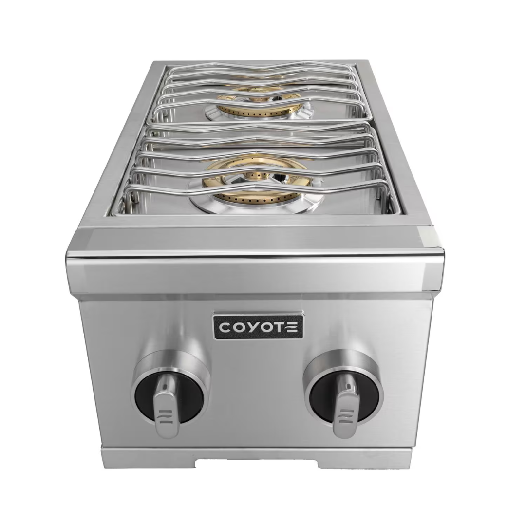 Coyote 12-Inch Built-In Double Side Burner with dual brass burners and precision control knobs, designed for versatile outdoor cooking.