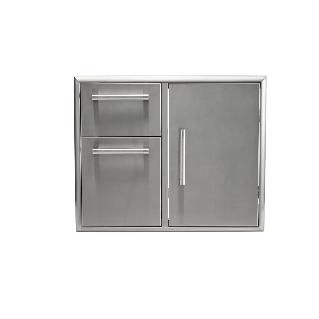 Coyote 31-Inch Double Drawer and Door Combo with sleek stainless steel construction, ideal for multipurpose outdoor kitchen storage.