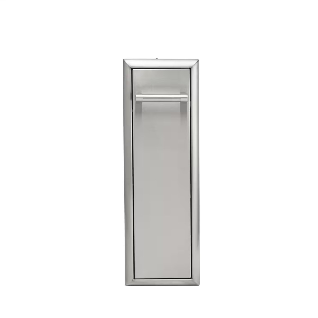 Coyote Built-In Outdoor Spice Rack with stainless steel door and enclosed vertical cabinet design for seasoning and small item storage.