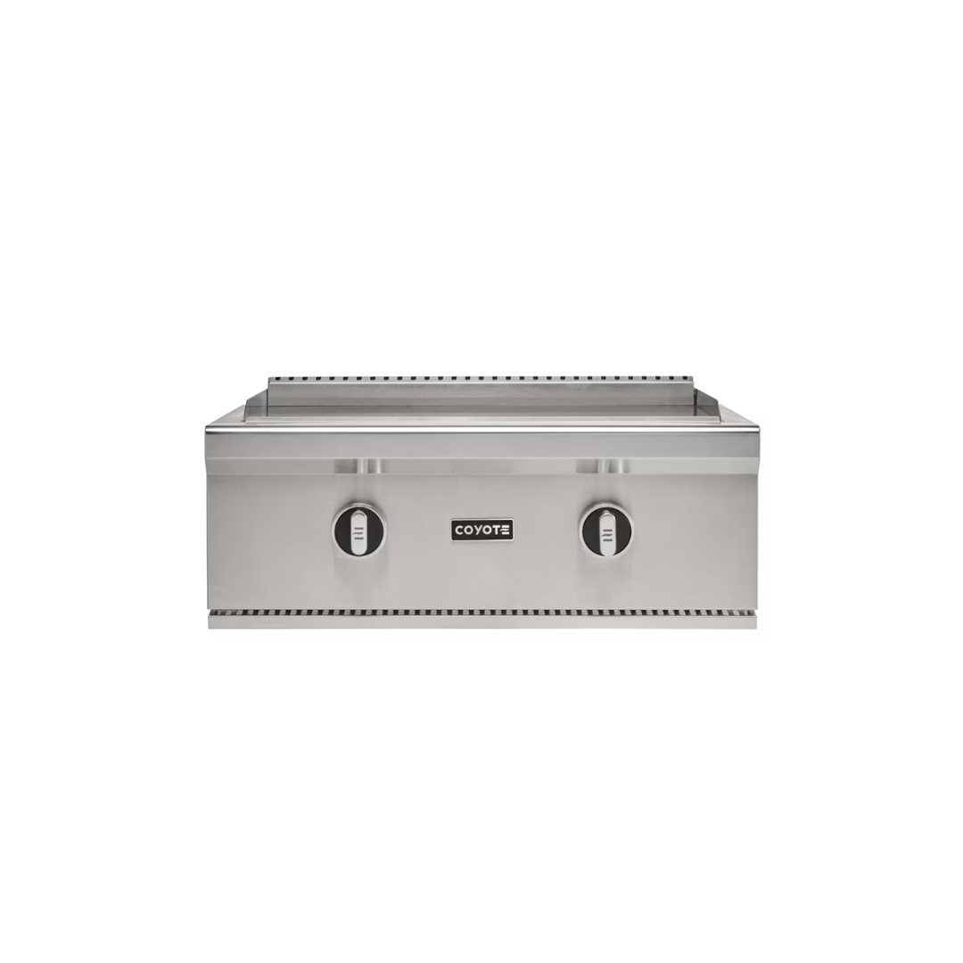 Coyote 30-Inch Gas Flat Top Grill with dual stainless steel burners and external gradient lighting knobs, built for outdoor versatility.