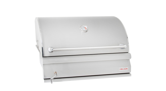 Blaze 32-Inch Built-In Charcoal Grill with 304 stainless steel construction, analog thermometer, and full-width ash pan — a compact premium charcoal grill.