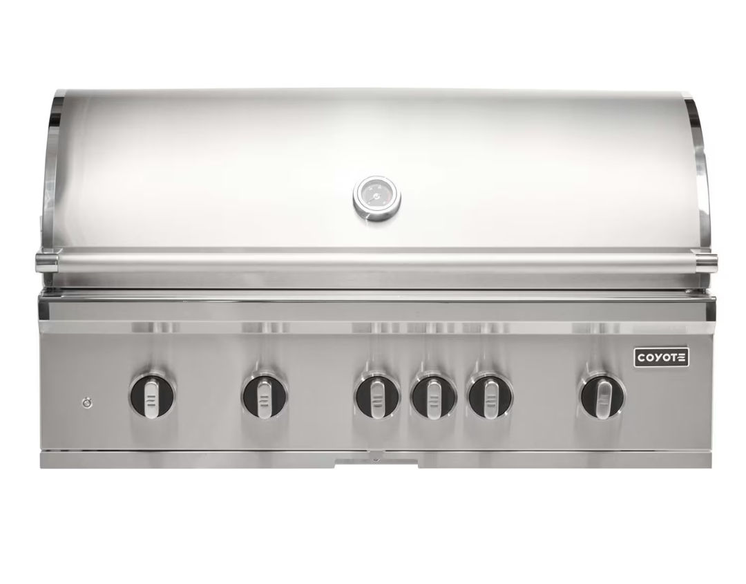 Coyote SL-Series 42-Inch Built-In Gas Grill with LED knobs, internal lights, and ceramic infrared sear burner.