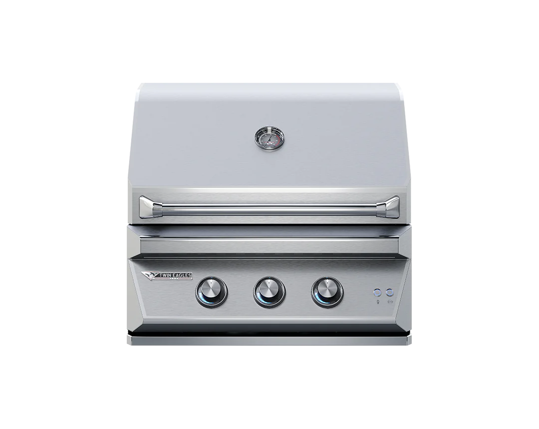 Twin Eagles 30-inch built-in gas grill with three control knobs and polished stainless steel exterior.