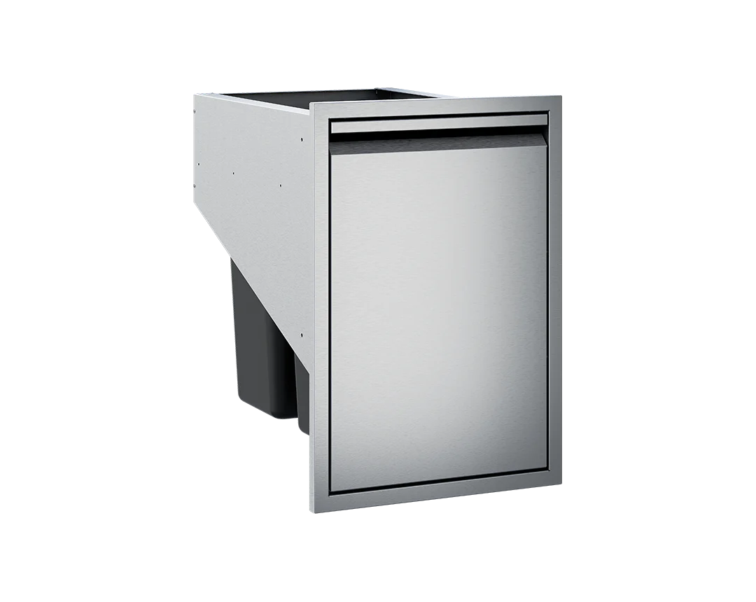 Twin Eagles 18-Inch Single Trash Drawer – Closed View with Stainless Steel Finish