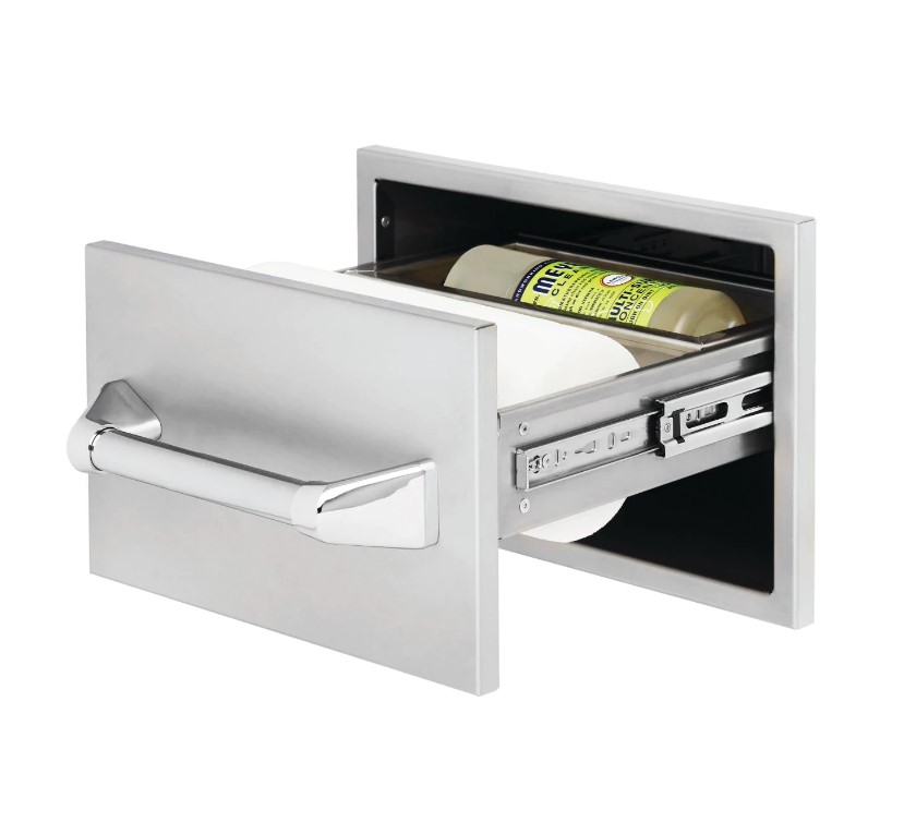 Twin Eagles 15-Inch Paper Towel Holder with Cleaning Supply Storage Drawer Open