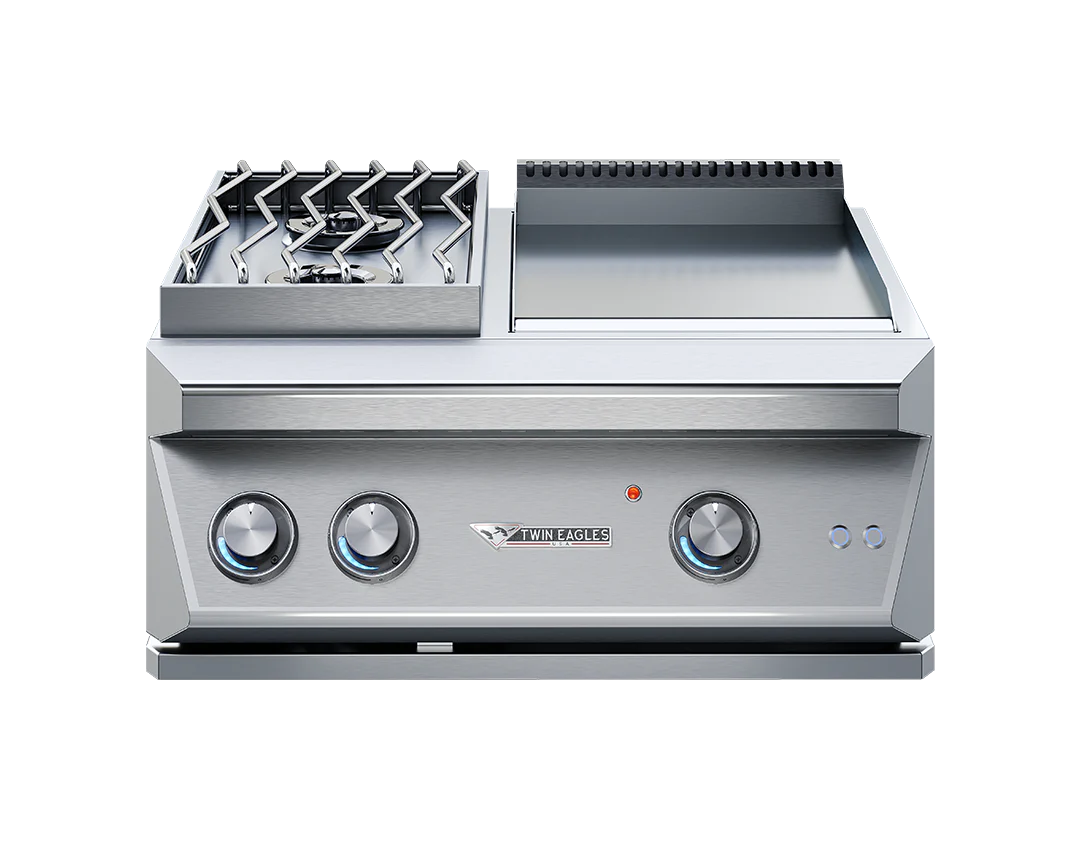 Twin Eagles Dine & Breakfast Club featuring two side burners and a built-in stainless steel griddle surface.