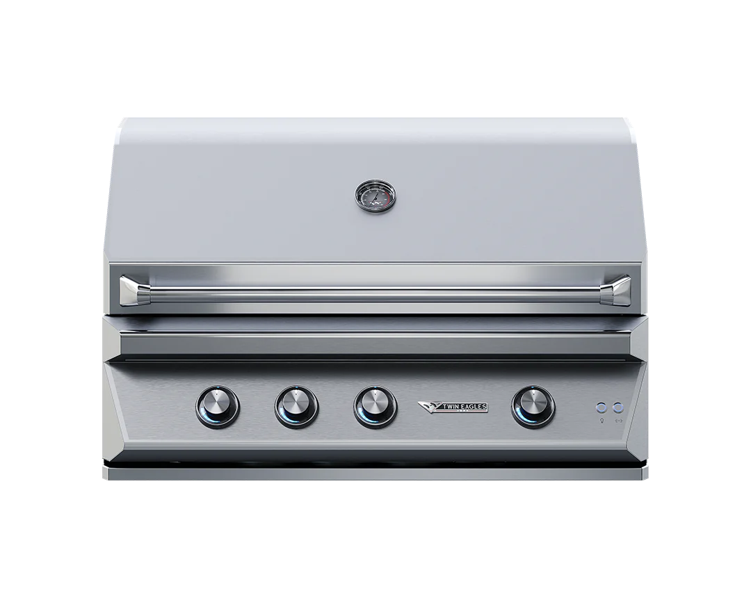 Twin Eagles 42-inch outdoor gas grill with five control knobs and commercial-grade stainless steel body.