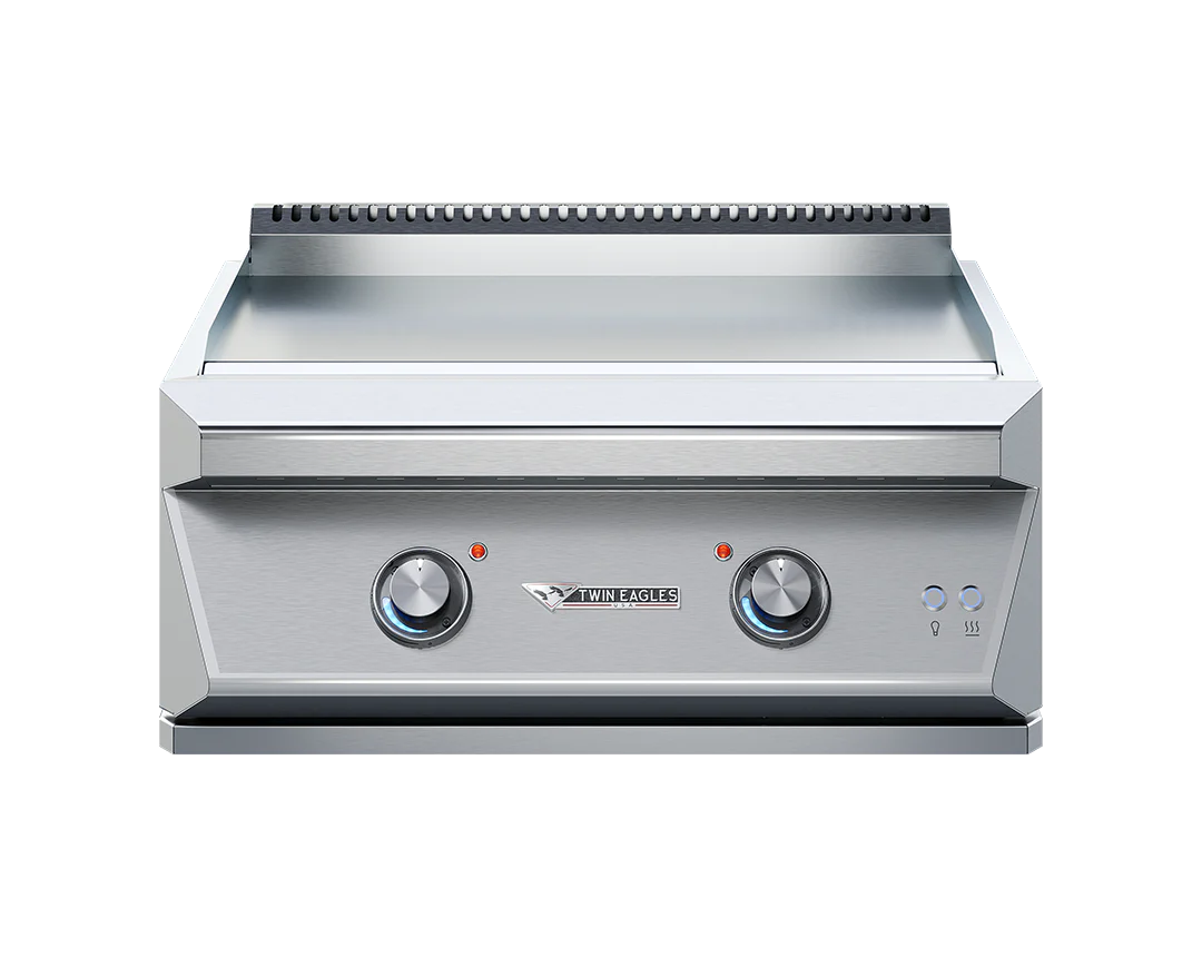 Twin Eagles 30-inch Teppanyaki griddle with dual control knobs and a sleek stainless steel finish.