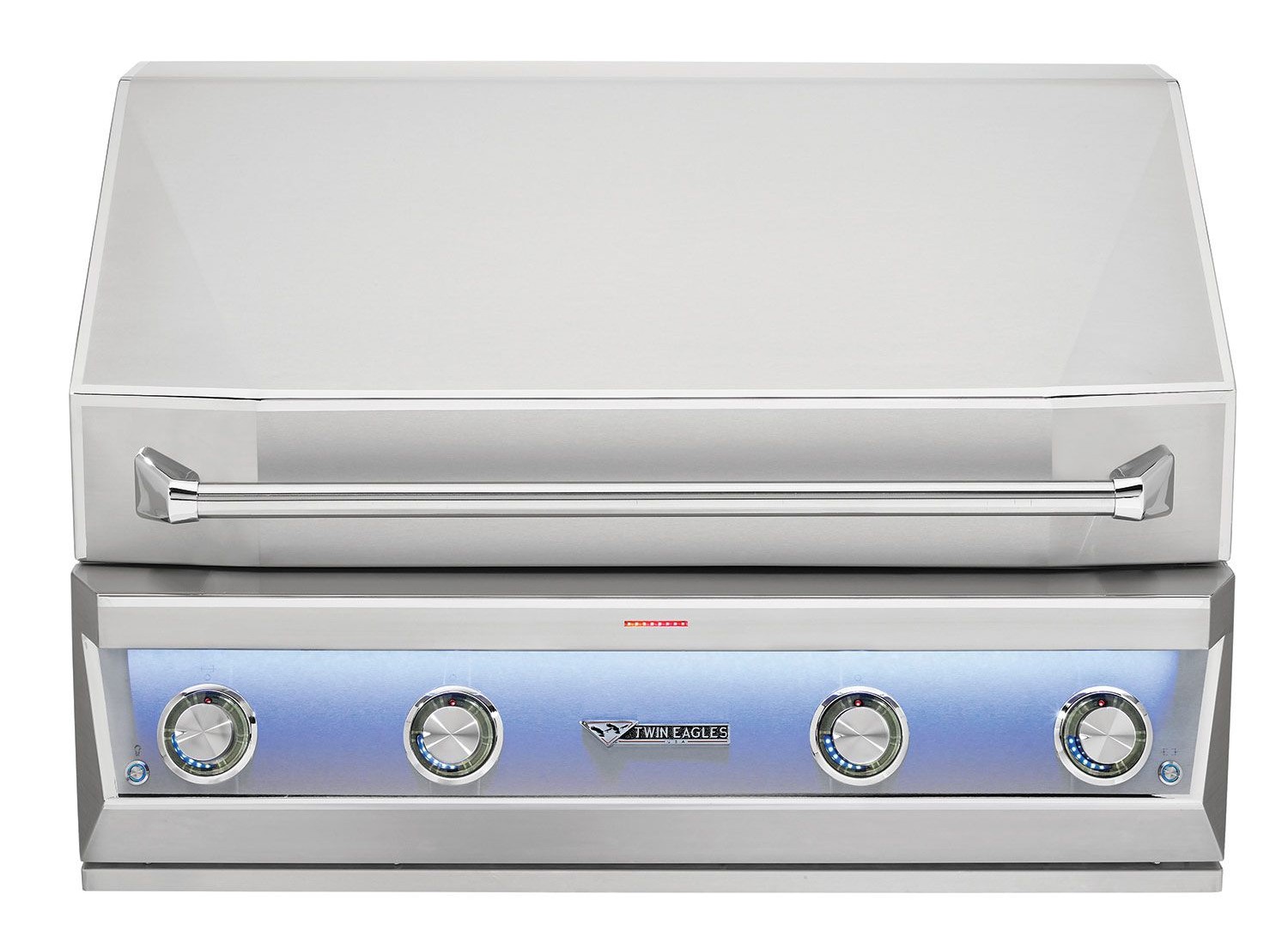 Front view of the Twin Eagles Eagle One premium gas grill featuring LED-lit knobs and a sleek stainless steel design.