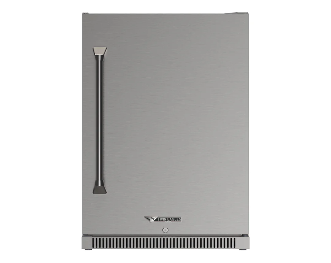 Twin Eagles 24-Inch Outdoor Rated Refrigerator with stainless steel finish and built-in lock, perfect for patio kitchens.