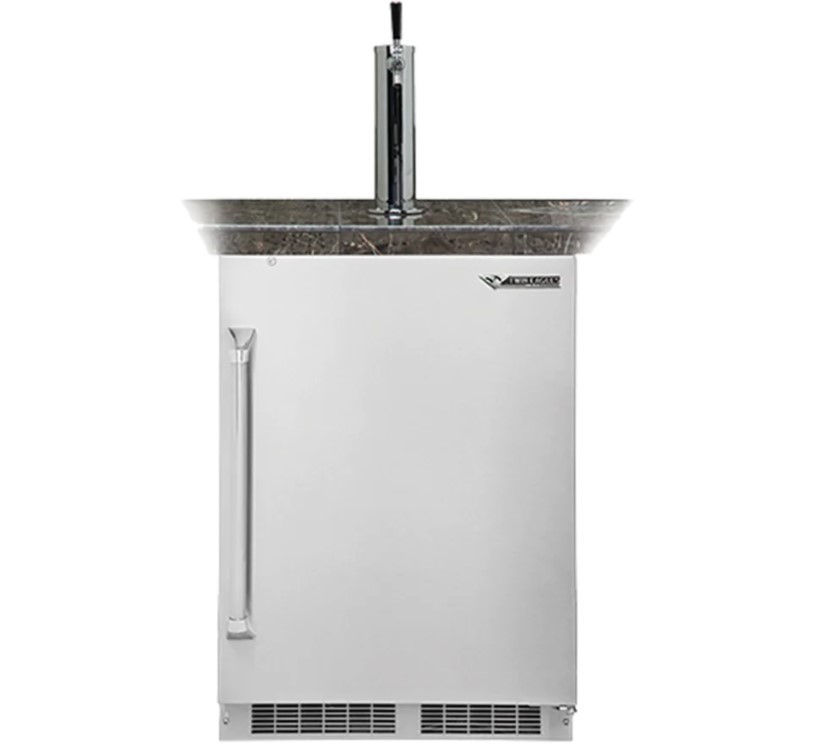 Twin Eagles 24-Inch Outdoor Beer Keg Dispenser with single-tap tower and stainless steel door, built for backyard bar setups.