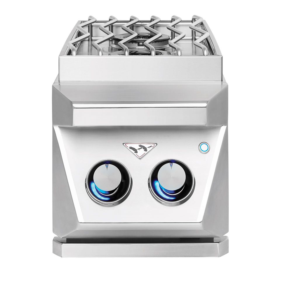 Twin Eagles Double Side Burner with two LED-lit control knobs and high-performance stainless steel S-grate.