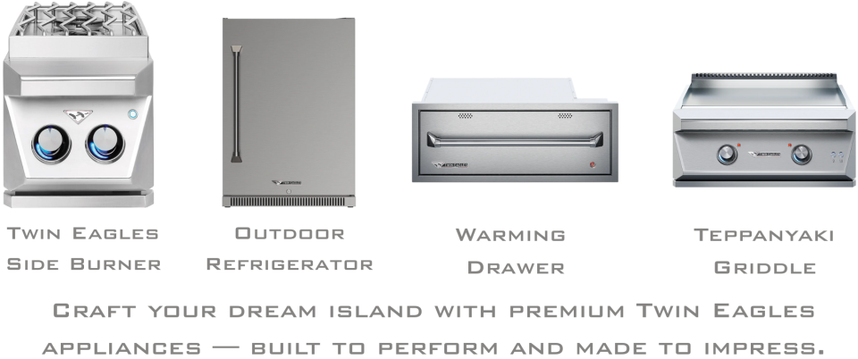 Twin Eagles side burner, outdoor refrigerator, warming drawer, and teppanyaki griddle lined up in a product display to showcase premium outdoor kitchen appliances.