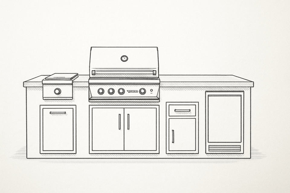Sketch of a Twin Eagles outdoor kitchen island featuring a built in grill, side burner, access doors, storage drawers, and refrigerator