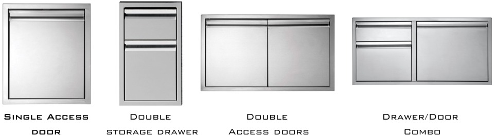 Side-by-side display of Twin Eagles storage components, including single access door, double storage drawer, double access doors, and drawer/door combo unit, each labeled for outdoor kitchen planning