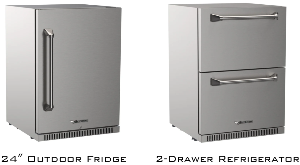 Twin Eagles 24-inch outdoor refrigerator and two-drawer refrigerator shown side-by-side, built for outdoor kitchen islands with stainless steel design.