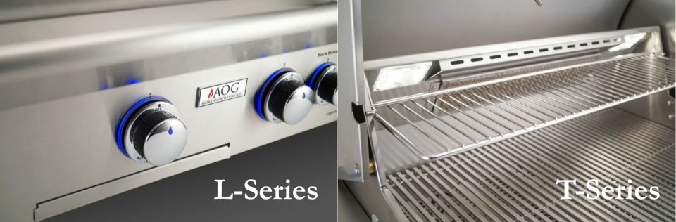 AOG L-Series vs T-Series grill comparison showing lighted knobs and interior features.