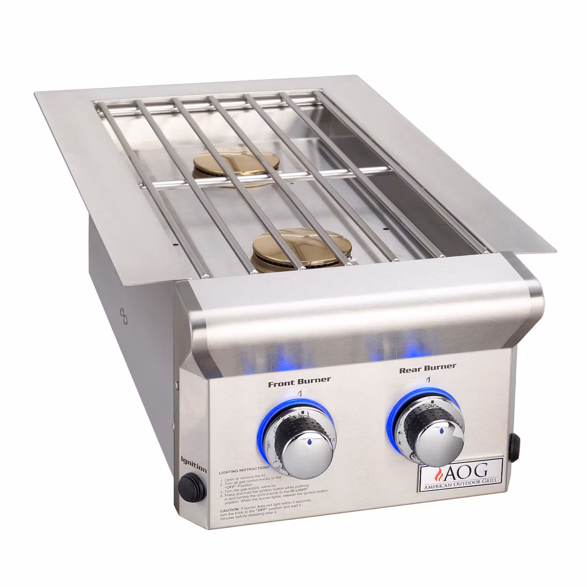 American Outdoor Grill L-Series Drop-In Double Side Burner with blue back-lit knobs and dual brass burners.