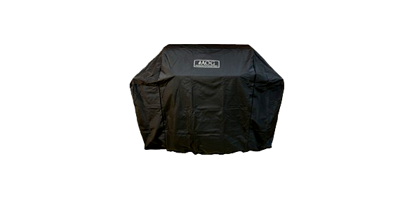 AOG 24-inch freestanding gas grill protected with a black vinyl cover featuring the AOG logo.