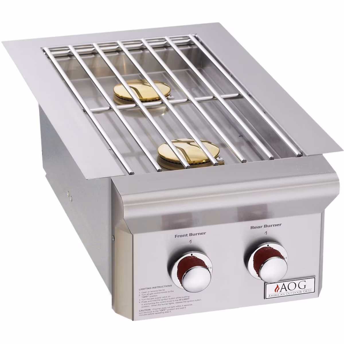 American Outdoor Grill T-Series Drop-In Double Side Burner featuring two brass burners and red-accented control knobs.