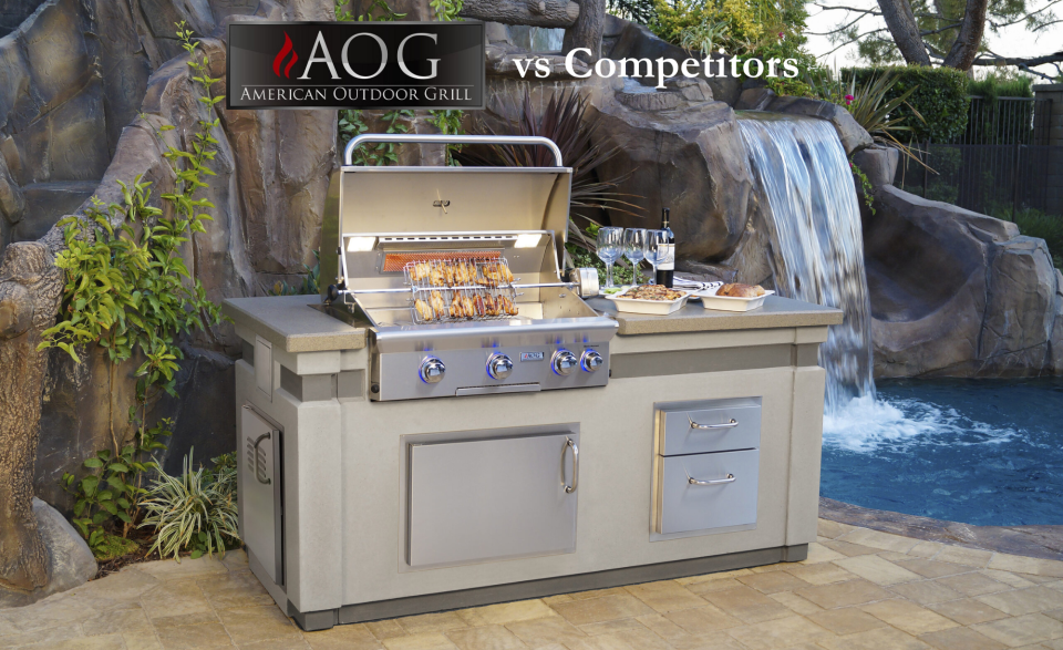 AOG outdoor kitchen grill setup with side burner and storage drawers next to a backyard waterfall – AOG vs Competitors comparison 2025