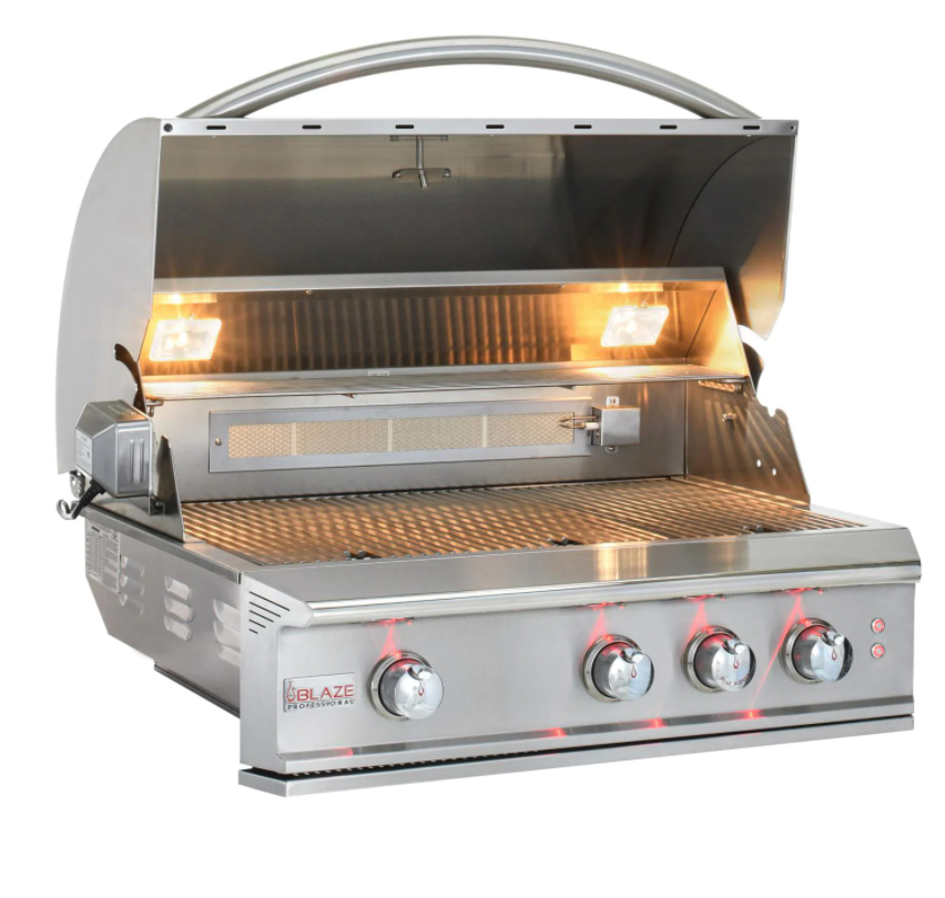 Blaze Professional LUX 34-inch built-in gas grill with interior lights and rear infrared burner visible under an open hood.