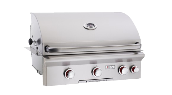 AOG T-Series 30-Inch 3-Burner Built-In Gas Grill with 304 stainless steel construction and blue LED-lit control knobs.